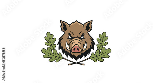 Stylized illustration of a fierce wild boar head with oak leaves and crossed branches on a white background;.