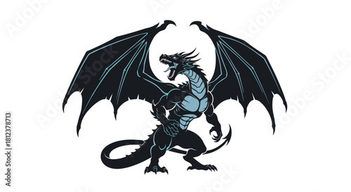 A fierce black dragon with large wings spread open, depicted in a stylized, muscular, and aggressive pose.