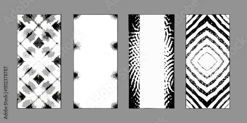 Four abstract vertical panels with black and white grunge textures