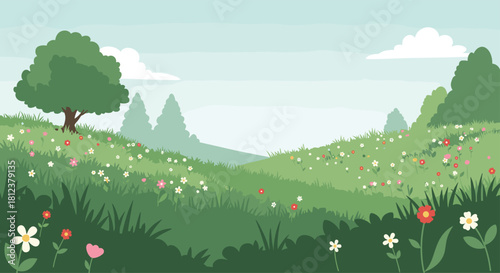 A serene landscape illustration of a grassy meadow dotted with wildflowers and trees under a cloudy sky.