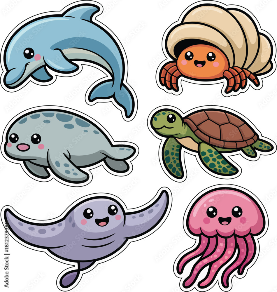 Obraz premium Cute cartoon sea animals sticker collection for kid's design