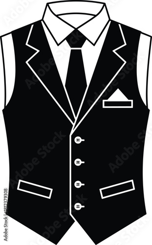 Men's Formal Vest Icon Vector Graphic, Black Silhouette Waistcoat with Tie and Collared Shirt, Elegant Business and Wedding Apparel Clip Art