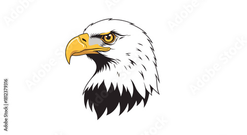 Illustration of a bald eagle's head in profile view on a white background.
