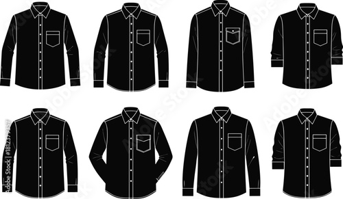 Men's Button Down Shirt Silhouette Set, Long Sleeve and Rolled Sleeve Vector Illustrations with Chest Pocket Details, Black and White
