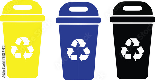 Recycle Bin Vector Icons Set. Eco-Friendly Waste Management Concept. Colourfull recycle bins for waste sorting and management icon.