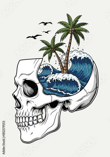 Skull with palm trees, waves, and birds inside, isolated on a surreal illustration blending life, death, and tropical escape