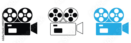 Classic film camera icon set in black, outline, and blue for creative video projects and cinematic design, evoking vintage movies and filmmaking nostalgia