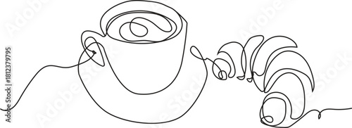 Coffee and Croissant Continuous One Line Drawing - Breakfast Food Vector Art
Minimalist Breakfast Scene Single Line Art - Cafe & Bakery Illustration