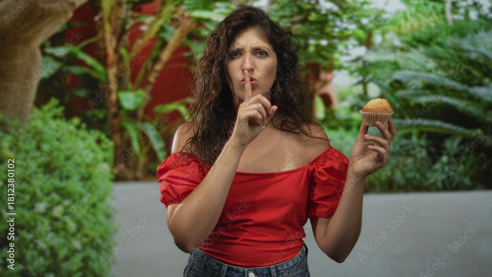 Fototapeta premium Woman with finger to lips for silence holding a cupcake in a green park with foliage and path, off shoulder red top visible; secret silence.