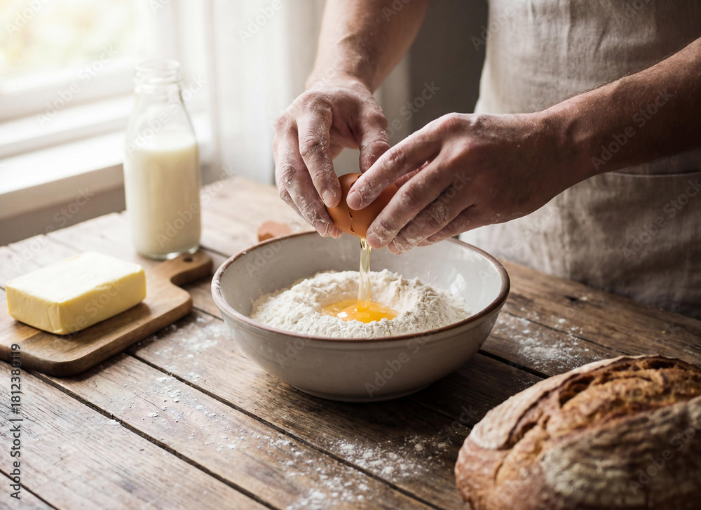Fototapeta premium 계란 반죽을 만드는 손 / Hands Mixing Egg Batter