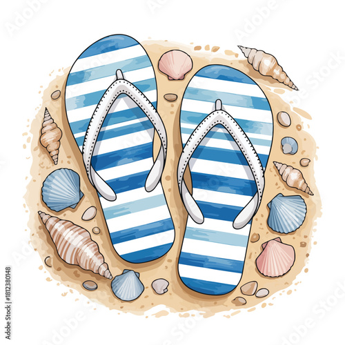 A pair of bright flip-flops or sandals on the sand of a beach, evoking summer vacation and travel near the sea or water