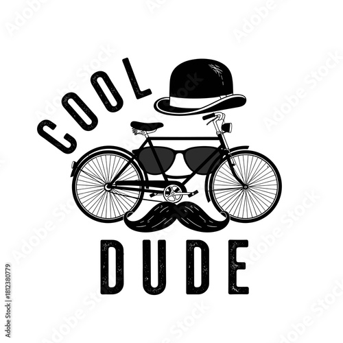 A cool dude bicycle with a bowler hat, sunglasses, and mustache, creating a whimsical and stylish image isolated on for various design purposes