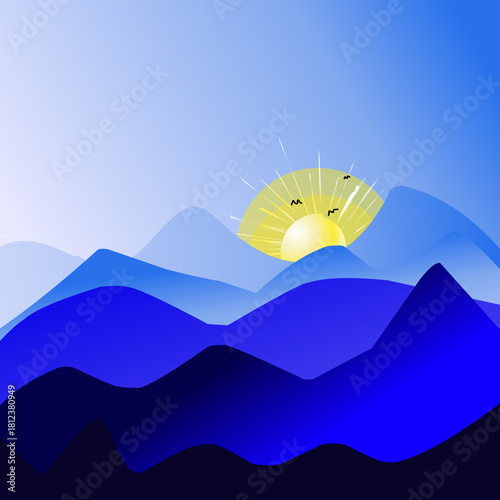 Vector minimalist illustration of a mountain landscape in blue tones featuring a bright sunrise or sunset and bird silhouettes. Ideal for backgrounds, banners, or mobile applications.