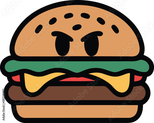 Cute angry cartoon burger with cheese, lettuce, tomato and sesame seeds Vector