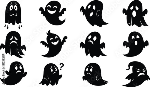Illustration of collection of spooky ghost silhouettes with different expressions on white