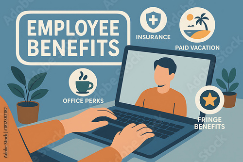 Employee benefits package shown with healthcare insurance office perks paid vacation and additional organizational incentives illustration
