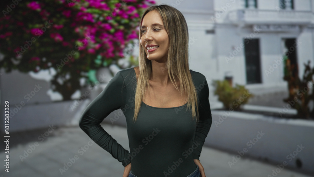 Fototapeta premium Woman with cleavage visible, smiling and hand on hip on a street by a white building and bougainvillea; confidence leisure.