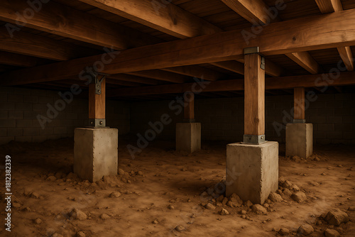 Empty crawl space foundation with wooden beams and concrete supports showing housing structure construction and property maintenance system