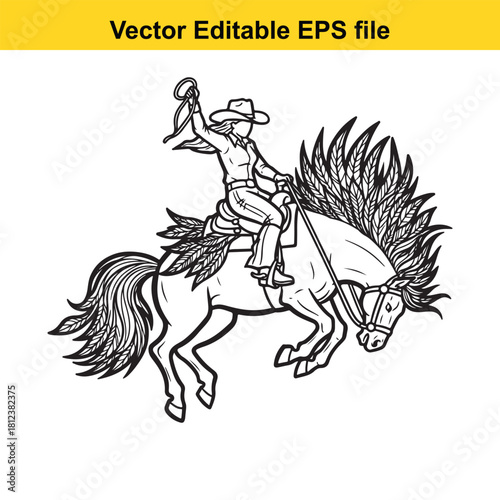 Black and white line art vector illustration of a cowboy or cowgirl riding a bucking bronco horse with a lasso raised high, isolated on