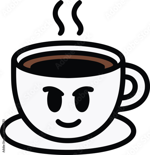 Smiling steaming hot coffee cup with saucer, cheerful cartoon illustration Vector