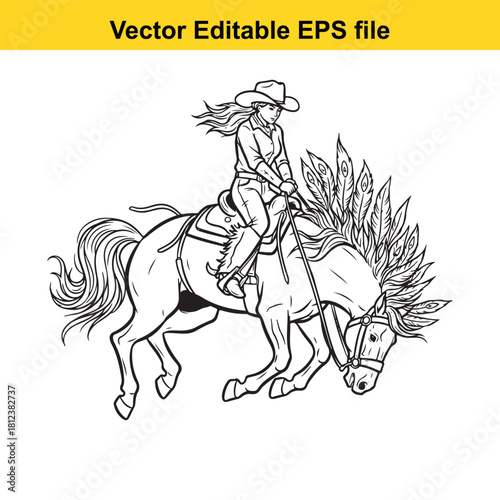 Black and white line art vector drawing of a cowgirl riding a bucking wild horse with feathered mane isolated on
