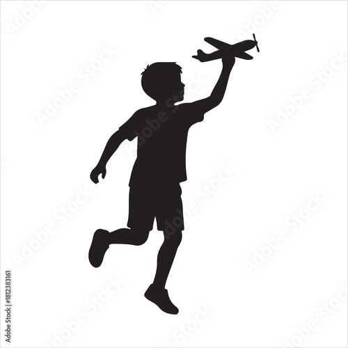 Boy silhouette playing with toy airplane, childhood dreams flying Art & Illustration