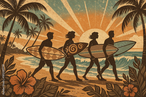 Vintage-style vector of four surfers walking with boards on a tropical beach at sunset. Includes palm trees, ocean waves, and vibrant sun. Ideal for lifestyle and travel themes.