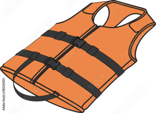 Orange life jacket isolated with no background, personal flotation device for water safety, essential for emergency situations.