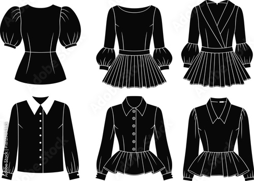 Women's Blouse and Shirt Vector Collection, Peplum Tops with Puff Sleeves and Collars, Black Silhouette Fashion Technical Flat Sketches Set