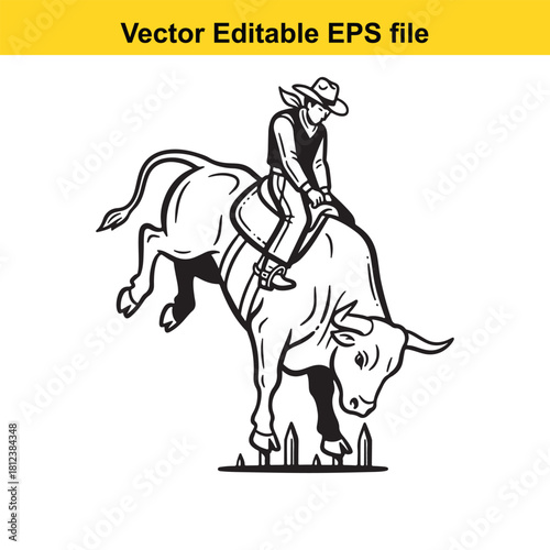 Black and white line art vector illustration of a cowboy riding a bucking bull in a rodeo competition, isolated on