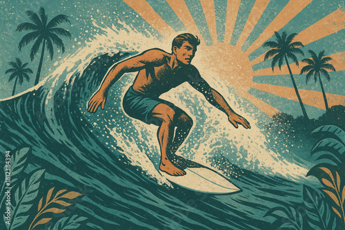 Vintage-style vector of a surfer riding a dynamic wave with tropical foliage, palm trees, and radiant sun. Ideal for surf culture, travel, and lifestyle-themed designs.