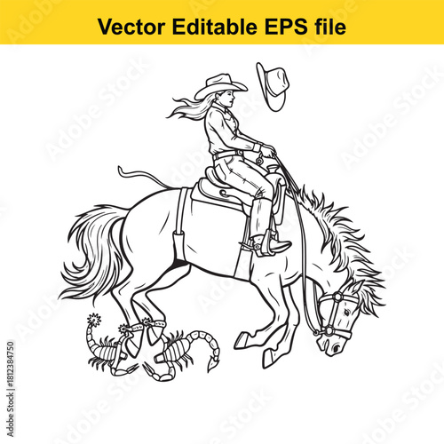Outline drawing of a cowgirl riding a bucking horse with scorpions underneath, isolated on
