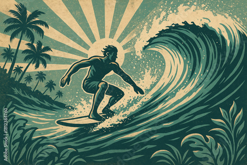 Vintage-style vector of a surfer riding a dynamic wave with tropical foliage, palm trees, and radiant sun. Ideal for surf culture, travel, and lifestyle-themed designs.