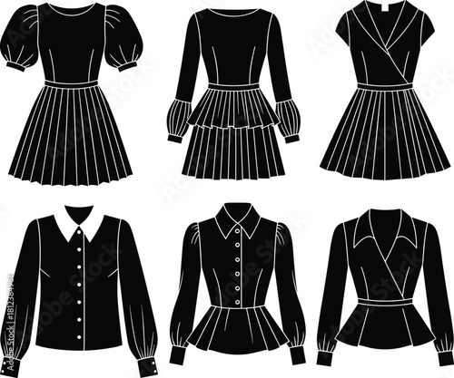 Women's Fashion Vector Set, Dresses and Blouses with Pleated Skirts, Peplum Waists, and Puff Sleeves, Black Silhouette Technical Flat Sketch