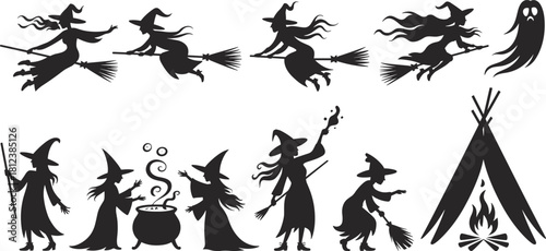 Halloween witch silhouettes, flying broomstick, spooky ghost, cauldron magic, teepee campfire, dark fantasy, enchanted night, mystical ritual, vector art