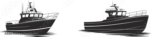 Fishing boat silhouettes, trawler profile, marine vessel, nautical theme, black vector, sea transport, ocean craft, white background, coastal illustration