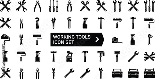 Working Tools Icon Set Vector, Construction and Repair Equipment Silhouette, Wrench Hammer Pliers and Screwdriver Industrial Symbols Collection