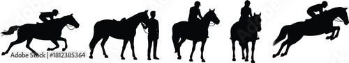 Horse riding silhouettes, equestrian jump, rider posture, reins handling, galloping horse, black vector, show jumping, training, care, motion