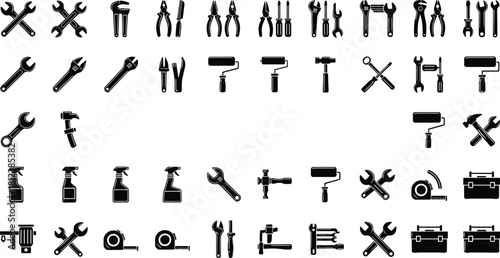 Working Tools Icon Set Vector, Black Silhouette Collection of Wrench Hammer Paint Roller and Toolbox Construction Equipment