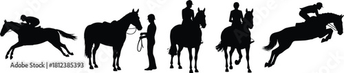 Horse riding silhouettes, equestrian jump, rider with horse, lead rope, horseback posture, black vector, training, care, sport, stable