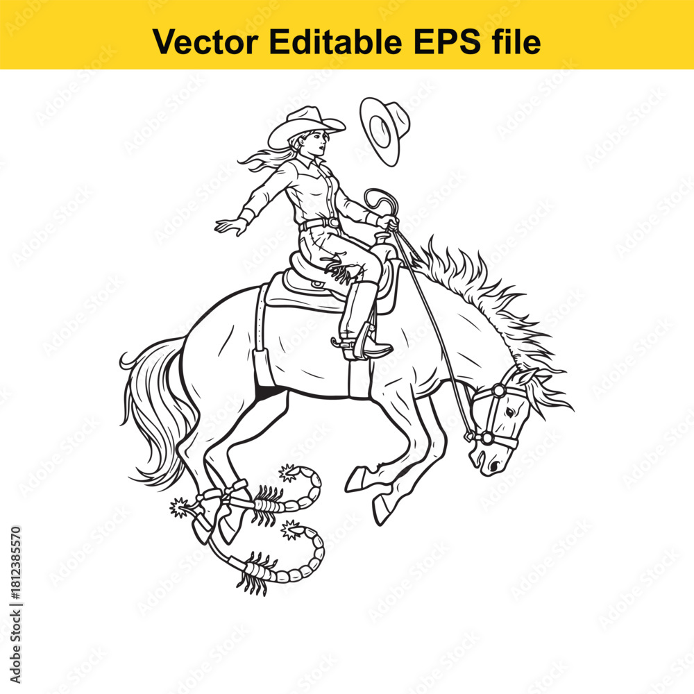 Obraz premium Line art drawing of a female cowgirl wearing a cowboy hat riding a bucking horse with spurs visible, isolated on
