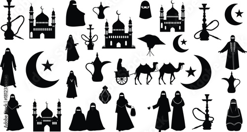 Islamic and Middle Eastern icons with mosques, crescent moon, hijab, camel, hookah, coffee pot, cultural silhouette vector design