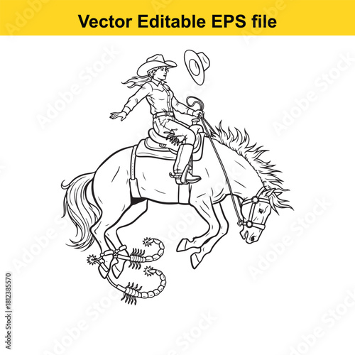 Line art drawing of a female cowgirl wearing a cowboy hat riding a bucking horse with spurs visible, isolated on
