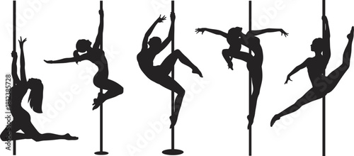Pole dancing silhouettes, athletic poses, dynamic movement, strength and balance, black vector, fitness art, performance, flexibility, white background, dance