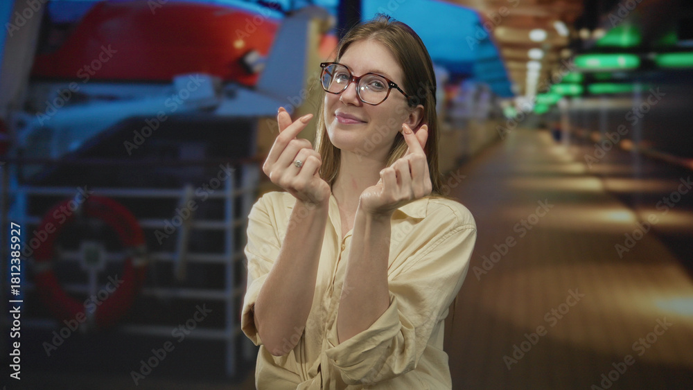 Fototapeta premium Young blonde woman makes finger heart gesture beside building facade under green lights at sunset; love.