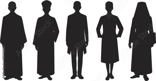 Silhouettes of formal figures, traditional attire, religious robes, professional dress, diverse roles, black vector, cultural clothing, posture, white background