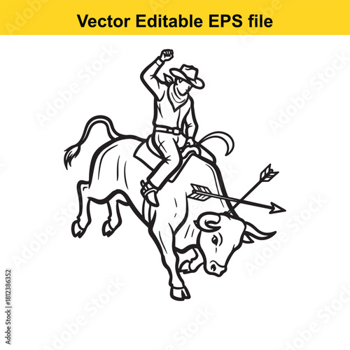 Black and white line art vector illustration of a cowboy riding a bucking bull with arrows stuck in the bull, isolated on