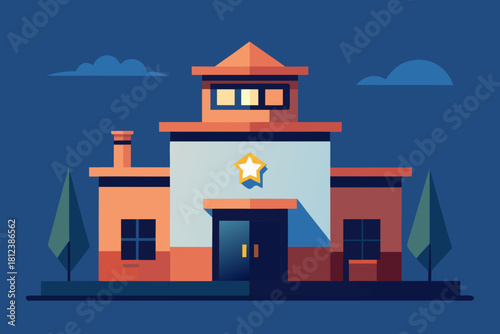 Cartoon Police Station Exterior vector illustration