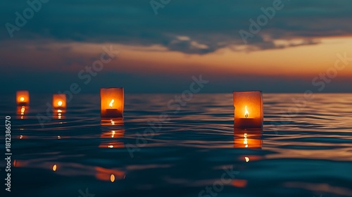 Lanterns drifting calmly across serene ocean high resolution picture