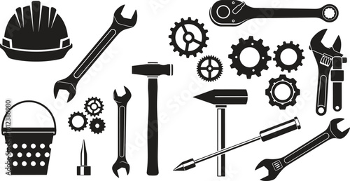 Black and White Vector Illustration of Various Tools and Equipment